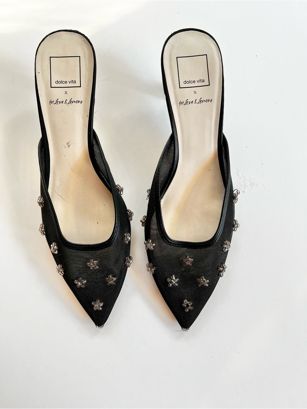 For Love & Lemons Mesh Kitten Heels with Beaded Flowers Black Size 10
